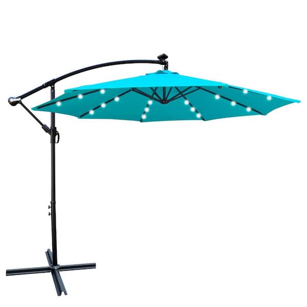 GAWEZA 10 ft. Steel Cantilever Solar Patio Umbrella in Turquoise with 24 Solar LED Lights and Cross Base for Deck Pool Backyard