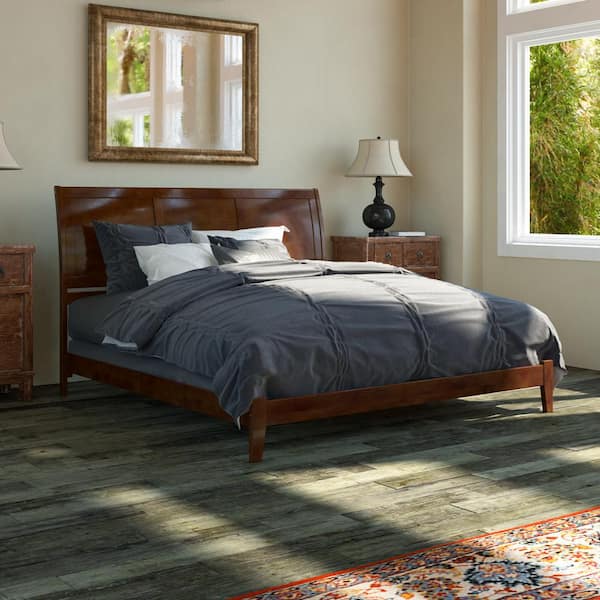 Portland Walnut Solid Wood King Traditional Panel Bed with Open Footboard and Attachable Turbo Device Charger