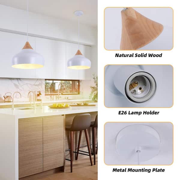 Keazile 13 in. 60-Watt 1-Light Matte White Pendant Light with Metal Shade and Solid Wood Top for Kitchen Island, Dining Table KZ-CL-002-WH Keazile 13 in. 60-Watt 1-Light Matte White Pendant Light with Metal Shade and Solid Wood Top for Kitchen Island, Dining Table KZ-CL-002-WH