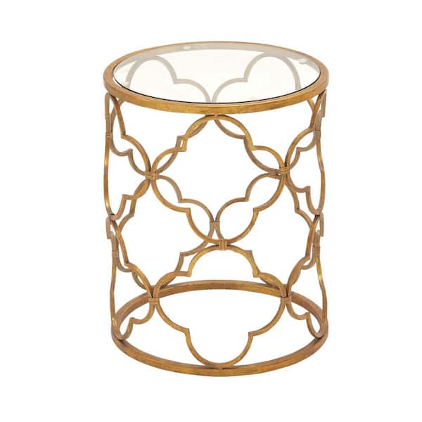 Litton Lane 16 in. Gold Quatrefoil Design Large Cylinder Glass End Accent Table with Clear Glass Top
