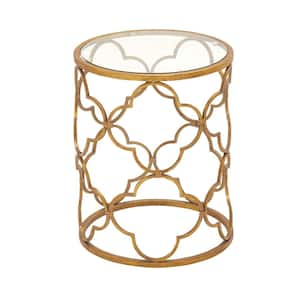 16 in. Gold Quatrefoil Design Large Cylinder Glass End Accent Table with Clear Glass Top