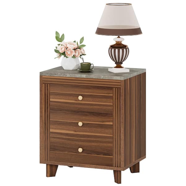 BYBLIGHT Walnut 3 Drawers Nightstand Sofa Side End Table with Storage for Bedroom