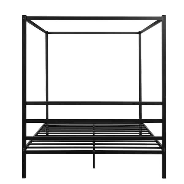 ANBAZAR Queen Size Black Canopy Platform Bed with Built in. Headboard, Four-Post Metal Canopy Bed Frame