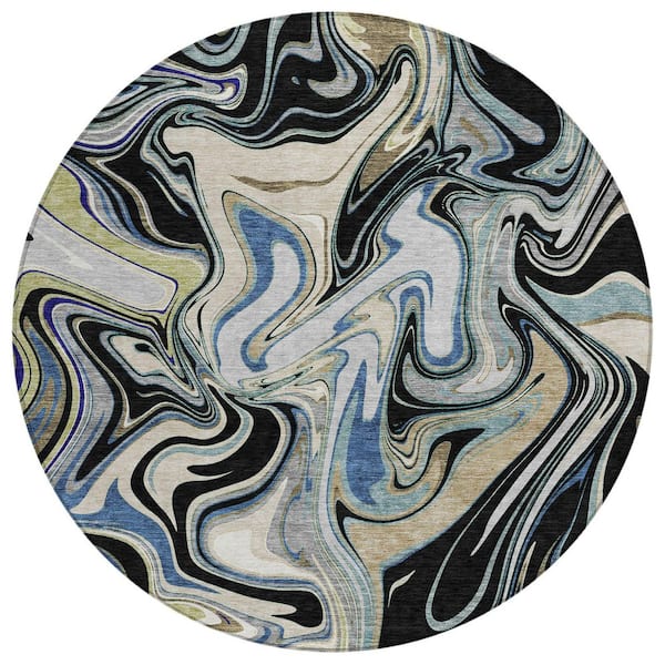 Chantille Machine Washable Indoor/Outdoor Abstract ACN2395 Black 8 ft. x 8 ft. Round Rug