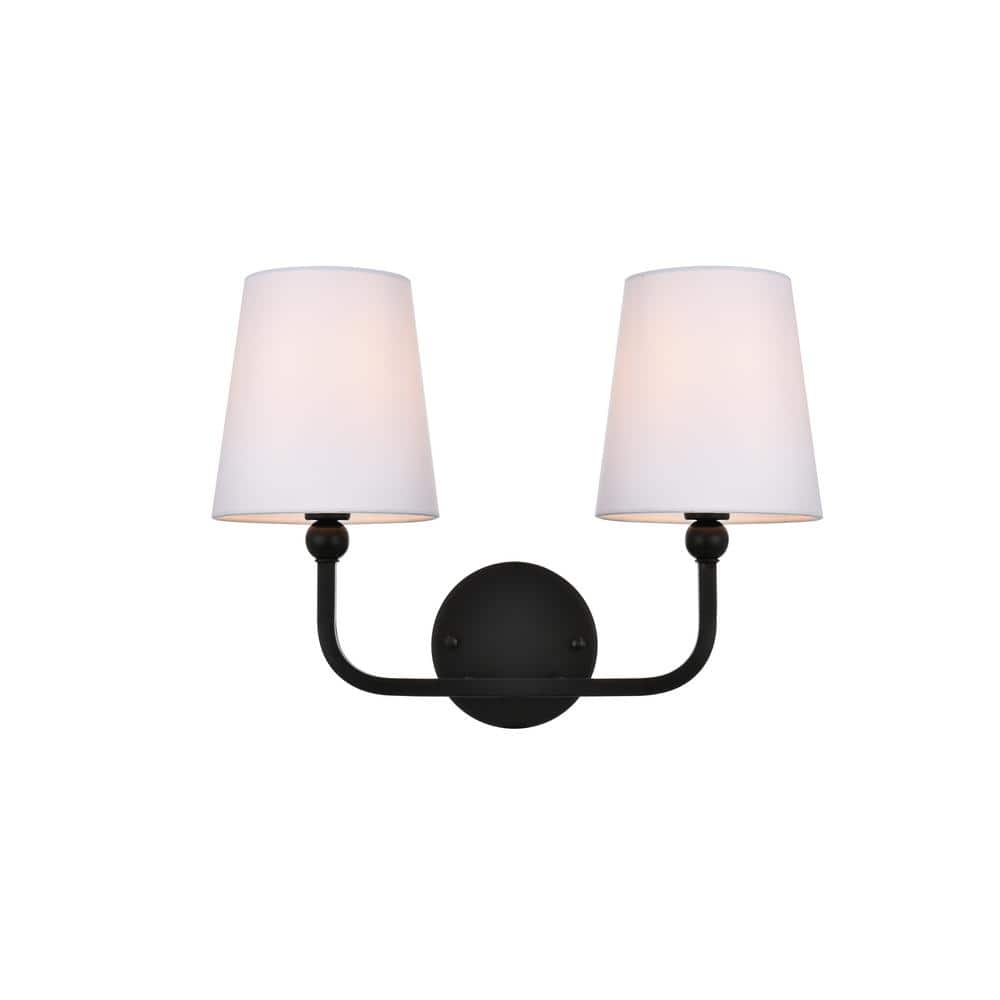 Simply Living 16 in. 2-Light Modern Black Vanity Light with White drum Shade