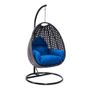 Charcoal Wicker Indoor Outdoor Hanging Egg Swing Chair For Bedroom and Patio with Stand and Cushion in Blue