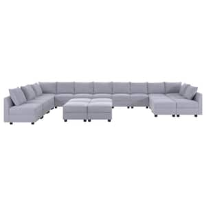 Contemporary 13 Seater Upholstered Sectional Sofa with 6 Ottoman - Gray Linen Living Room Set