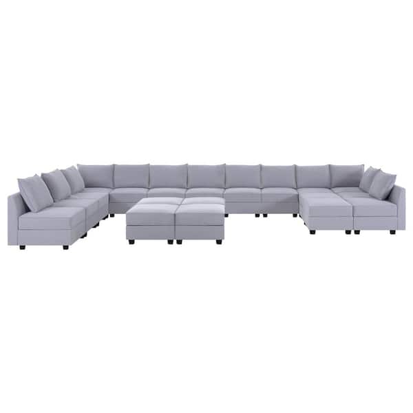MAYKOOSH Contemporary 13 Seater Upholstered Sectional Sofa with 6 Ottoman - Gray Linen Living Room Set