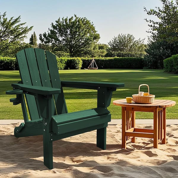 Weather Resistant Plastic HDPE Outdoor Patio Folding Adjustable Adirondack Chair with Cup Holder in Dark Green