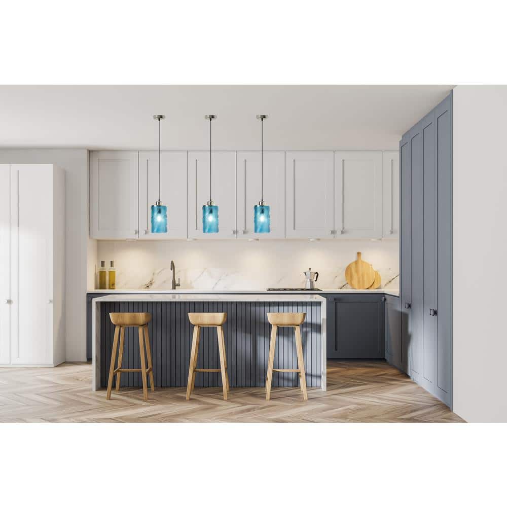Aimee Blue Glass Cylinder Pendant Lamp with Palm Leaf Texture