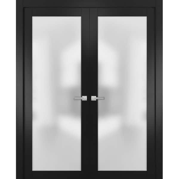 Sartodoors 64 in. x 96 in. 2 Panel Black Matte Finished Solid Wood Sliding Door with Hardware