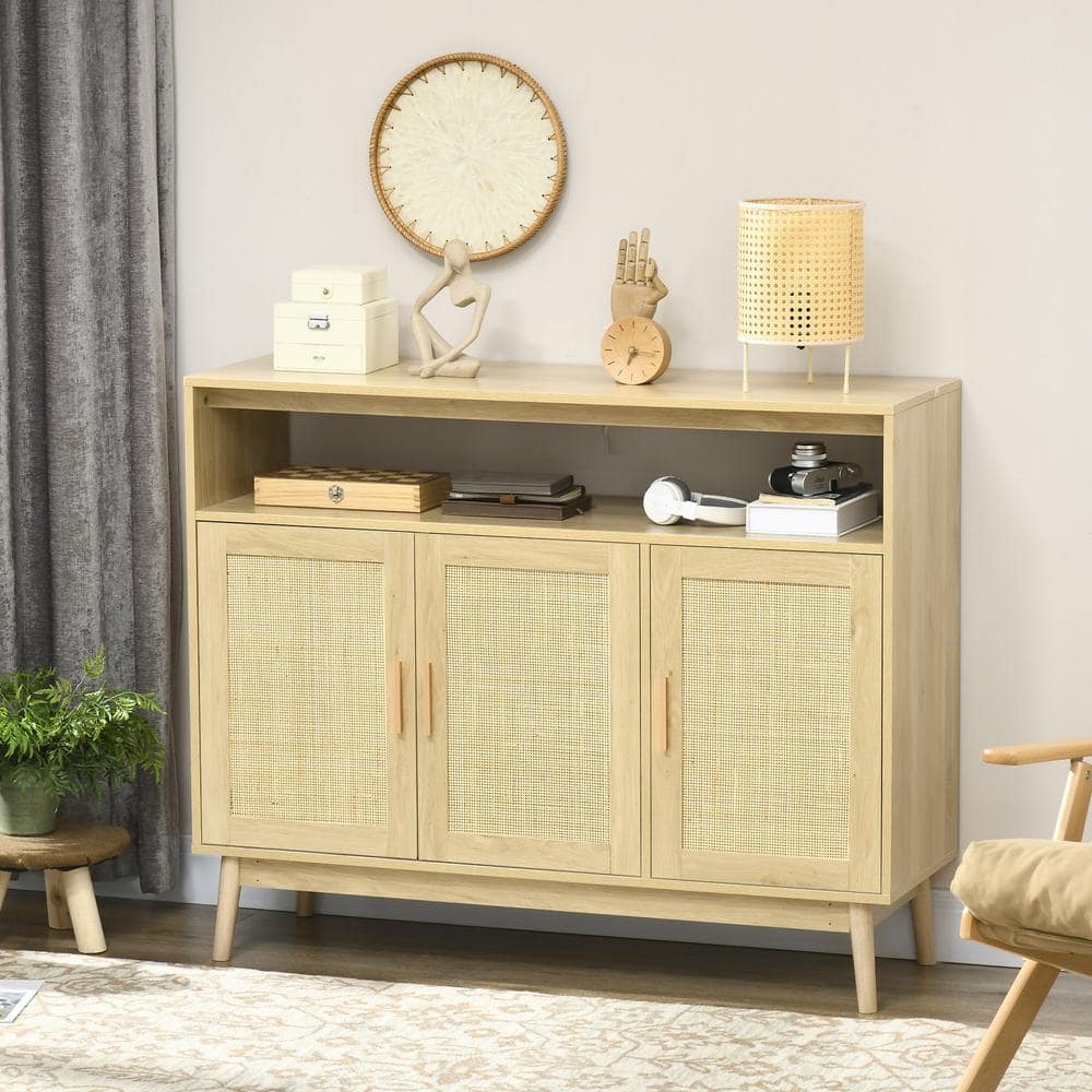 Natural Light Wood Boho Sideboard with Rattan Doors