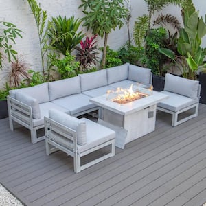 Chelsea Weathered Grey 7-Piece Aluminum Patio Fire Pit Set with Light Grey Cushions