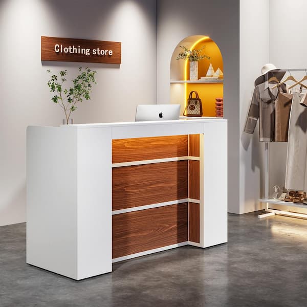 Moronia 63 in. W Rectangular White Brown Wood Reception Desk with LED Lights Modern Computer Desk for Checkout Lobby