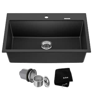 Drop-in/Undermount Granite Composite 31 in. 1- Hole Single Bowl Kitchen Sink Kit in Black