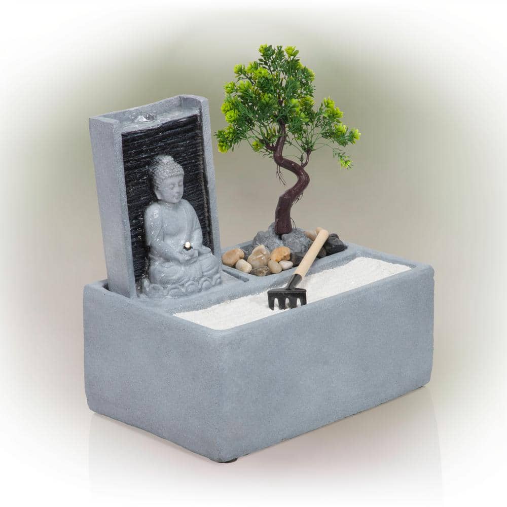 Gray Cement Buddha Bonsai Garden Tabletop Fountain with LED Light
