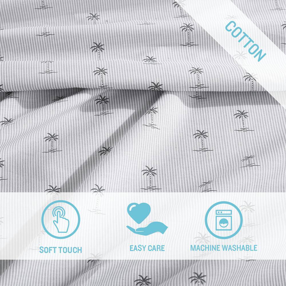 Gray Cotton Percale Queen Sheet Set with Palm Print