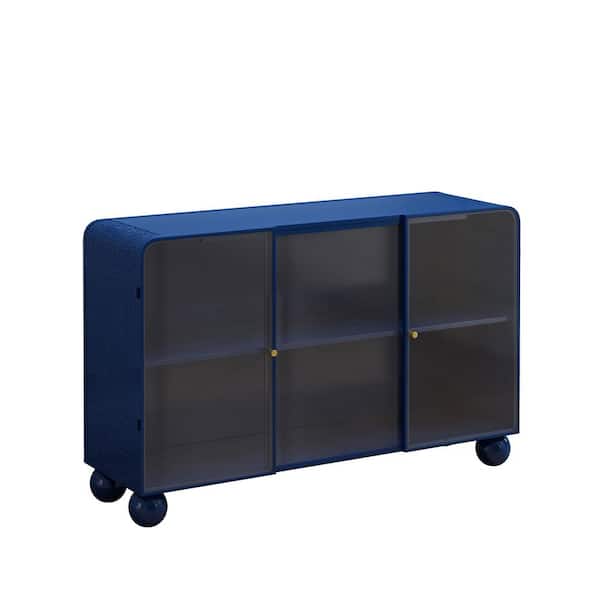 FUNKOL 14 in. W x 47 in. D x 30 in. H Ready to Assemble Floor Base Kitchen Cabinet in Blue with Glass Doors and Shelves