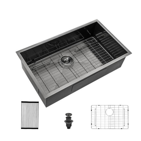 Heemli Gunmetal Black 18G Stainless Steel 28 in. Single Bowl Undermount Kitchen Sink with Accessories