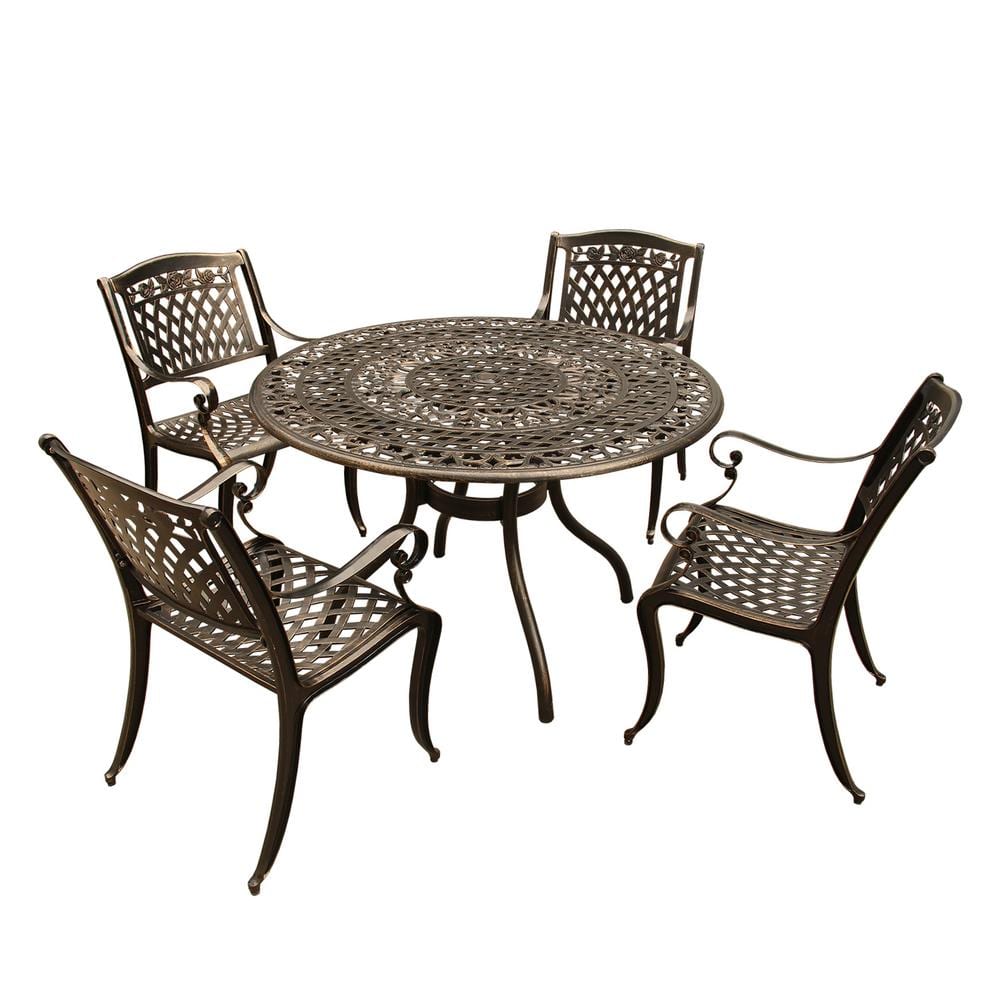 Rose Ornate 5-Piece Bronze Aluminum Round Outdoor Dining Set with 4-Chairs