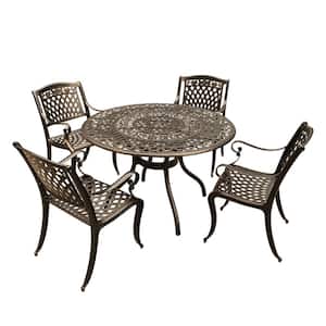 Rose Ornate 5-Piece Bronze Aluminum Round Outdoor Dining Set with 4-Chairs