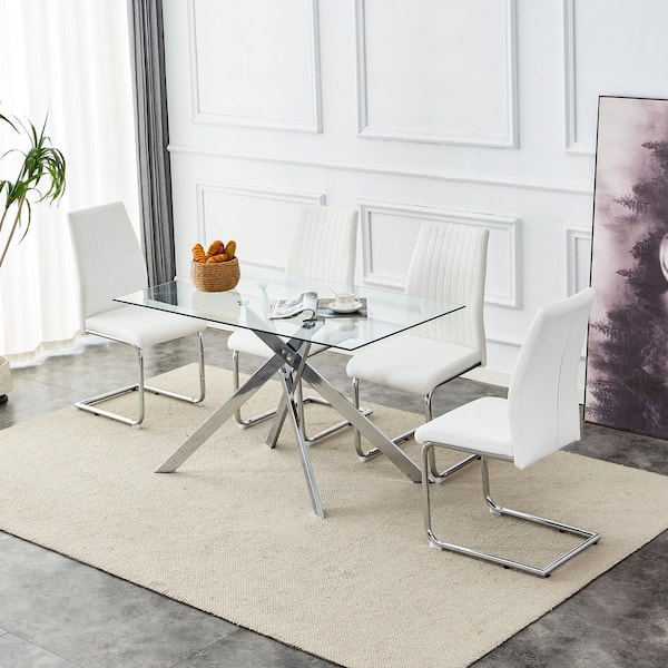 51.18 in. Rectangular Clear Tempered Glass Table with Silver Metal Cross Legs Dining Table, Seating Capacity 4-6 people