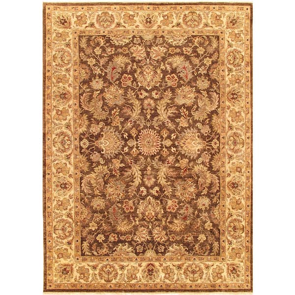 Pasargad Home Agra Brown/Ivory 9 ft. x 12 ft. Floral and Botanical Lamb's Wool Area Rug
