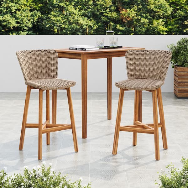 Clary Modern Patio Wicker Woven and Solid Wood Outdoor Bar Stools, Teak Finish Plus Light Brown, Set of 2