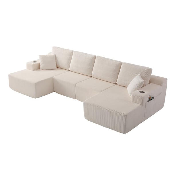 130 in. U-Shaped Modular 6-piece Corduroy Sectional Sofa with Chaise and Innerspring Cushions in White
