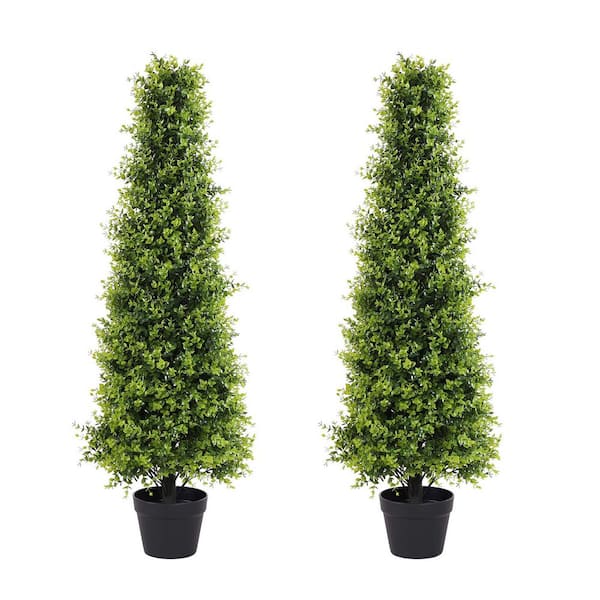 Zeus & Ruta 2 Pieces 4 ft. Artificial Topiary Tower Tree, UV Resistant Fake Evergreen Bushes and Shrubs for Front Porch Patio