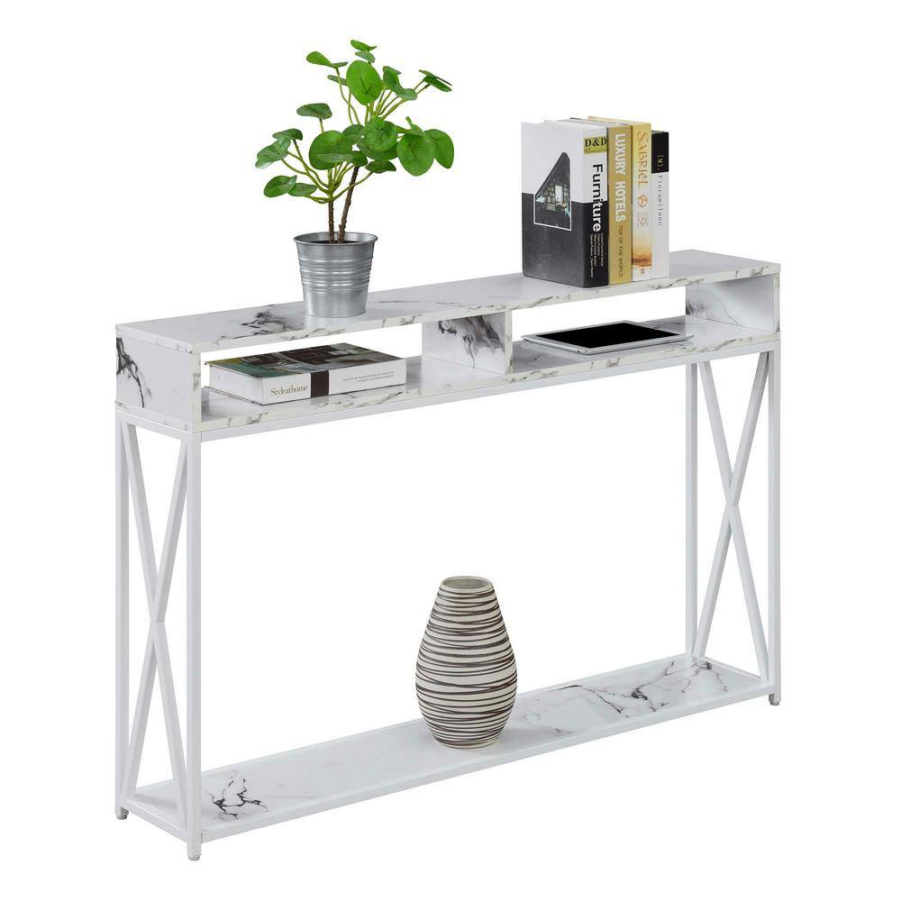 Tucson Deluxe White Faux Marble Console Table with Storage Shelf