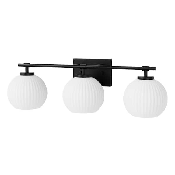 25 in. 3-Light Matte Black Globe Vanity Light with White Glass Shade for Bathroom and No Bulbs Included