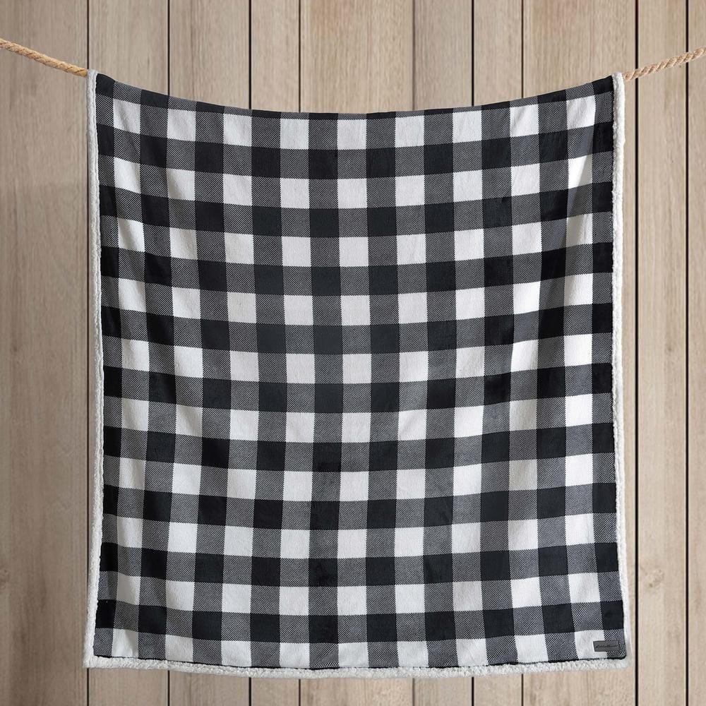 Reversible Sherpa Fleece Cotton Throw Blanket, Black/White