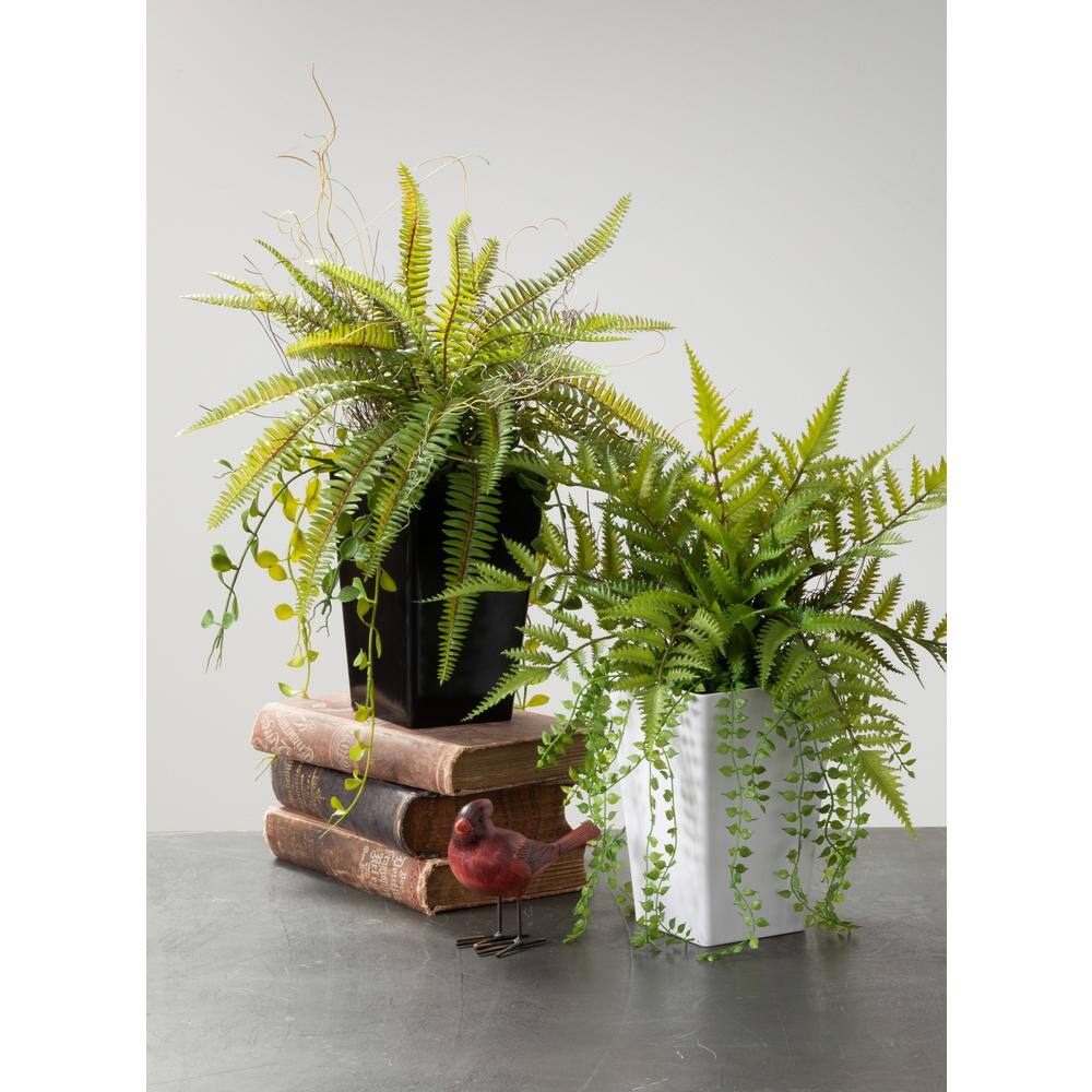 Outdoor Green Plastic Fern in Black Pot