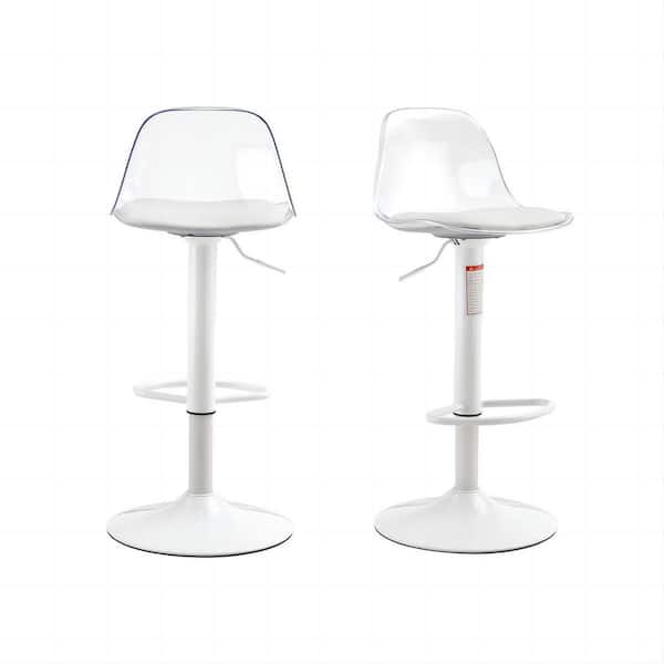 Polibi 24 in. to 32 in. H White Low Back Metal Adjustable Bar Stool with PU Leather Seat, 360° Swivel(Set of 2)