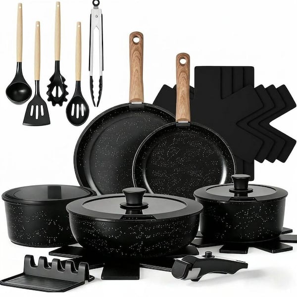 21-Piece Aluminum Nonstick Cookware Set in Black, Detachable Handle, Induction Ready, Oven Safe, Space Saving
