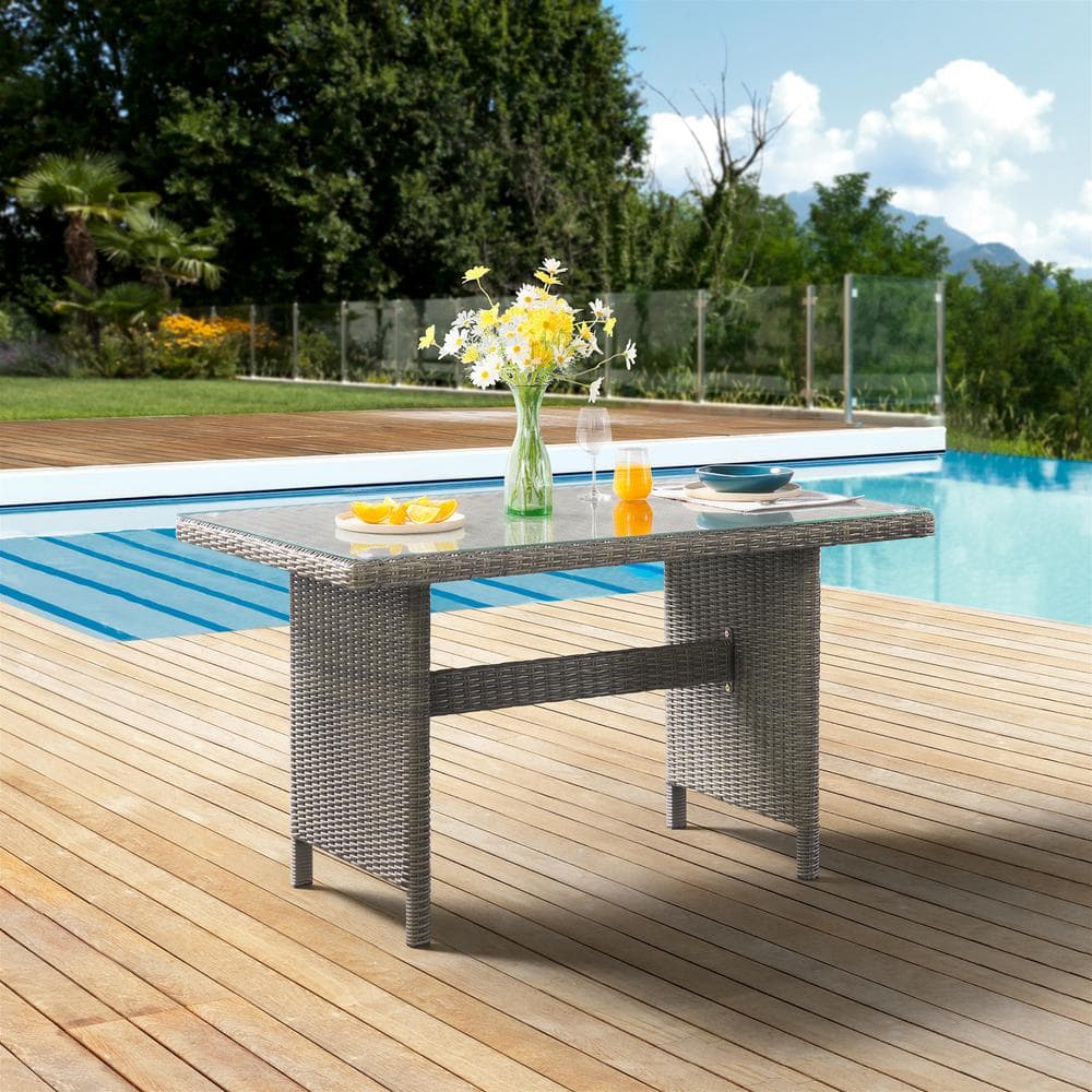Gray Wicker 3-Piece Outdoor Dining Set with Glass Top Table