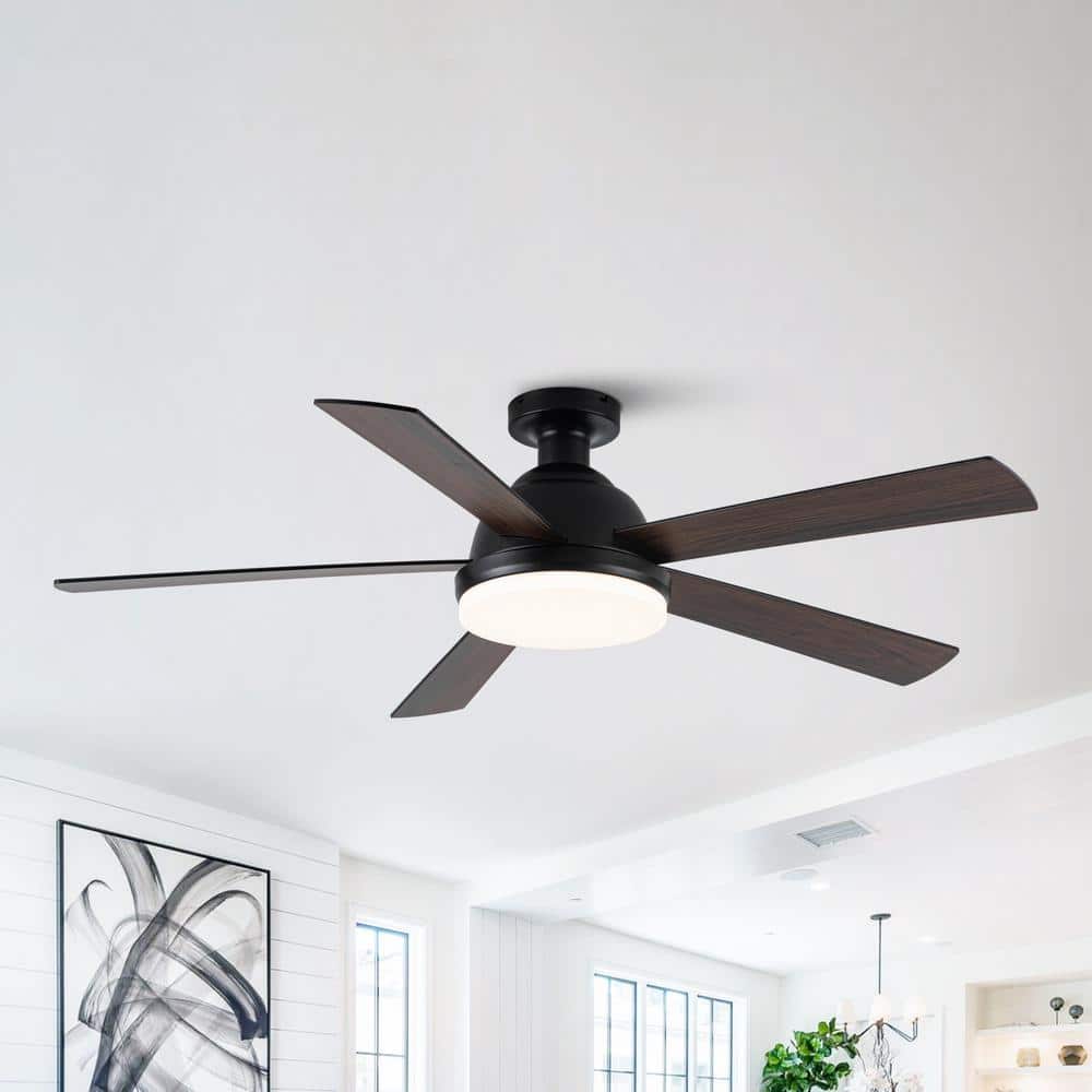 52 in. Indoor Integrated LED Matte Black Flush Mount Ceiling Fan with Light, Reversible Blade and Remote Control price history on PriceWatchPro