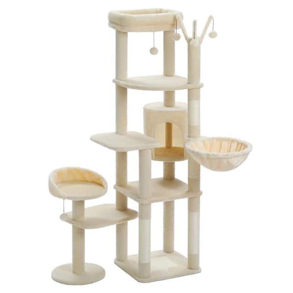 Foobrues Beige 59 in. Cat Tree, Cat Tower for Large Cats, Multi-Level Cat Tower with 3 Removable Pompom Sticks