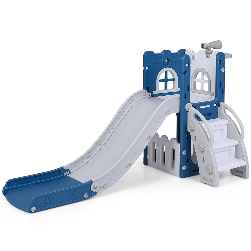 6-in-1 Kids Indoor Open Slide Playset with Basketball Hoop, Telescope, Climbing Ladder Blue price history on PriceWatchPro