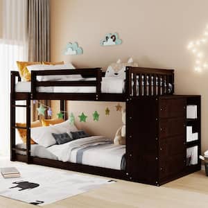 Espresso Twin over Twin Wood Frame Bunk Bed with Cabinet Including 4 Drawers and 3 Shelves, Built-in Ladder