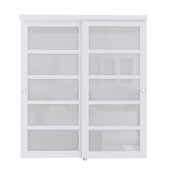 72 in. x 80 in. 5-Lite Frosted Glass Primed White MDF Interior Closet Sliding Door Sliver Handles and Hardware