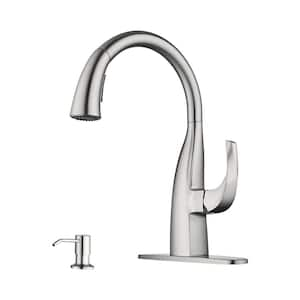 Single Handle Pull Down Sprayer Kitchen Faucet with Vintage Gooseneck and Soap Dispenser in Brushed Nickel