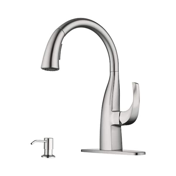 IVIGA Single Handle Pull Down Sprayer Kitchen Faucet with Vintage Gooseneck and Soap Dispenser in Brushed Nickel