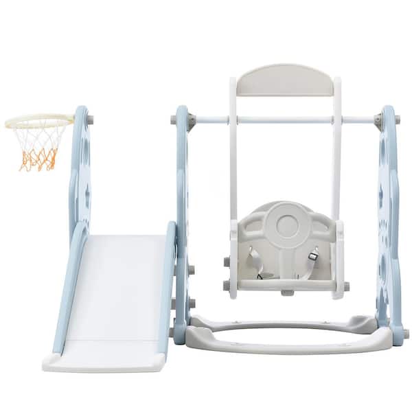 YOFE Baby Blue 3-in-1 HDPE Indoor/Outdoor Playground Playset Kids Swing Set with Toddler Slide and a basketball Hoop