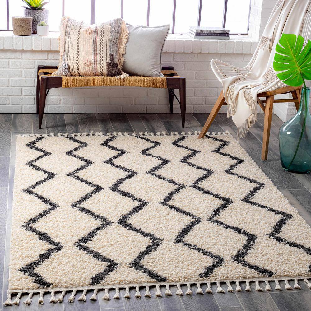 Charcoal and Peach Bohemian Shag Area Rug 5'3" x 7'3"