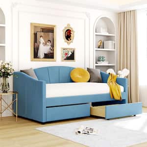 Elegant Blue Twin Size Upholstered Wood Daybed with 2 Drawers