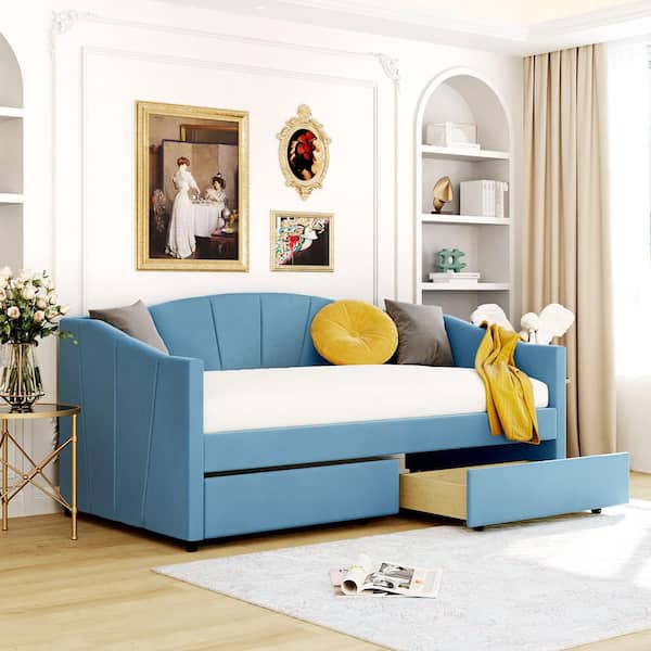 Harper & Bright Designs Elegant Blue Twin Size Upholstered Wood Daybed with 2 Drawers