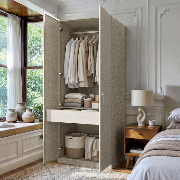 Homsee 1-Piece Gray Wood Queen Bedroom Set with Wardrobe Storage