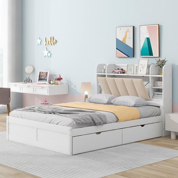 Qualler White Wood Frame Queen Size Platform Bed with Storage Headboard and Drawers